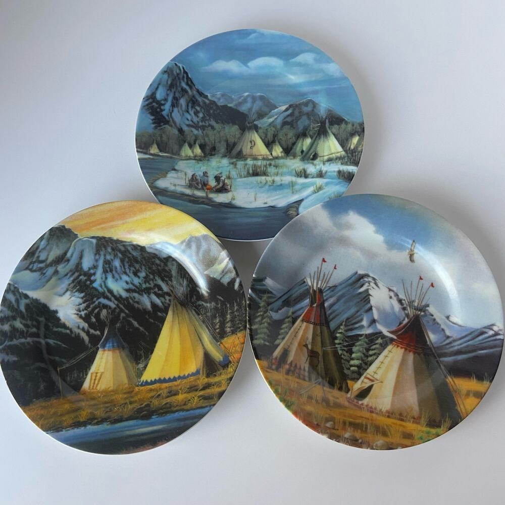 Native American Indian Cheyenne Scenic Collector's Wall Art Plates 3 Vintage